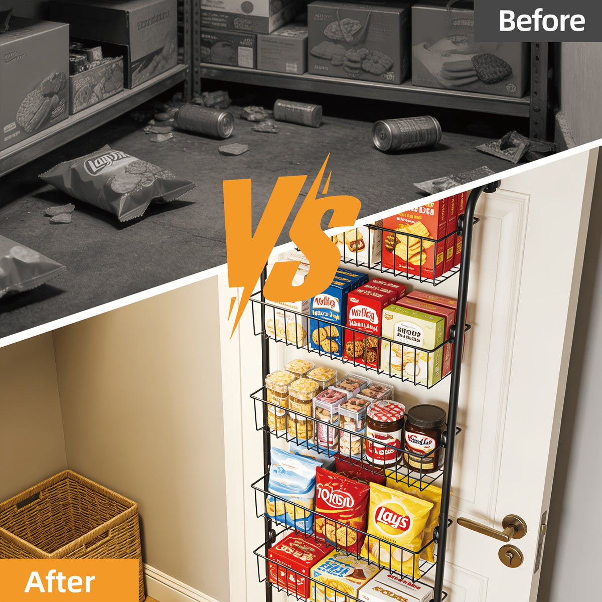 8-Tier & 6-Tier, Over The Door Pantry Organizer, Metal Hanging Storage Shelf, Adjustable Baskets, Spice Rack, For Kitchen, Pantry, Laundry, Bathroom, Multifunctional, Black & White, Door-Mounted Organizer, Utility Racks