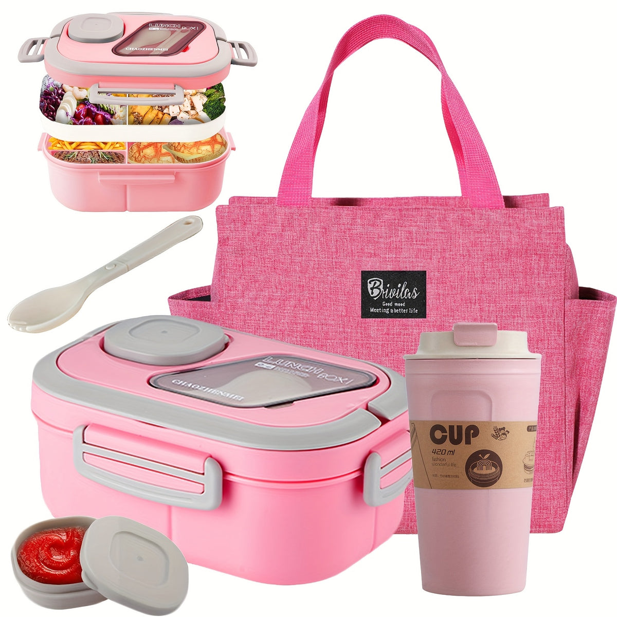 Two Tier Bento Lunch Box, Divided Meal Container in Pink, Blue, Green or White with Optional Cup and Lunch Bag Sets for School, Office and Picnics