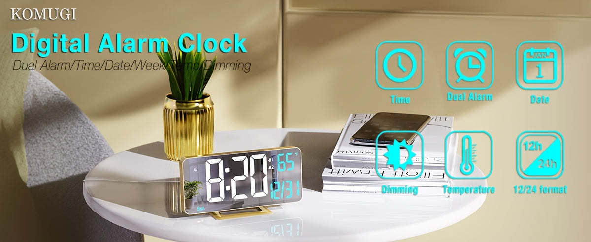 1pc Komugi Large 6.7" Golden Digital Alarm Clock with Dual Alarm, Dimmable LED Display, Temperature/Humidity-like (No Hygrometer), Date/Day of Week, USB-Powered Modern Desk Clock for Bedside, Living Room, Office - LCD Screen