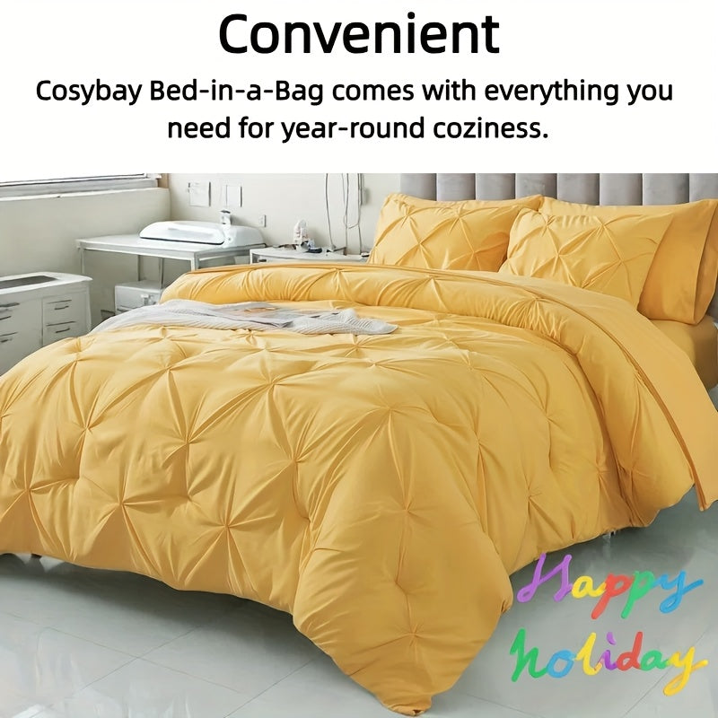 Cosybay 7 Piece Pinch Pleated Comforter Set Queen King Size, Luxury Soft Fluffy Bedding Includes 1 Comforter, 1 Extra Deep Pocket Fitted Sheet, 1 Flat Sheet, 4 Pillowcases & Pillow Covers, Perfect for Halloween Party, Holiday Celebrations & Birthday