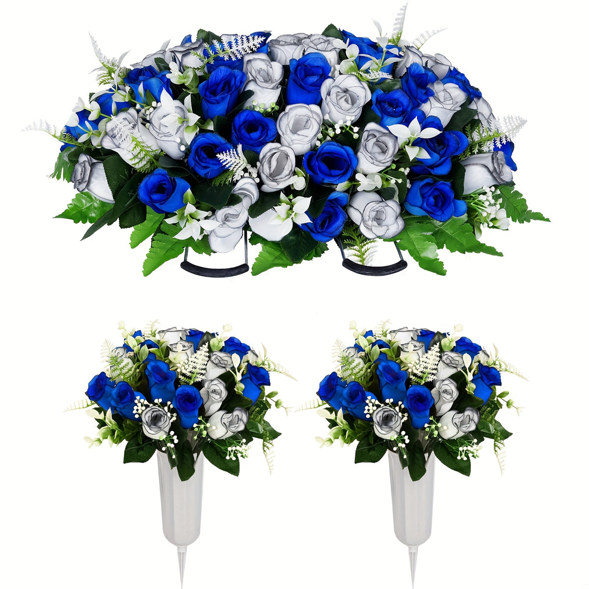 1/3pcs Artificial Cemetery Flowers for Graves with Saddles, Artificial Silkyy Rose Flowers And Bouquets with Vases, Headstone Flower Saddle, Memorial Day Flowers for Cemetery, Outdoor Grave Headstone Decoration
