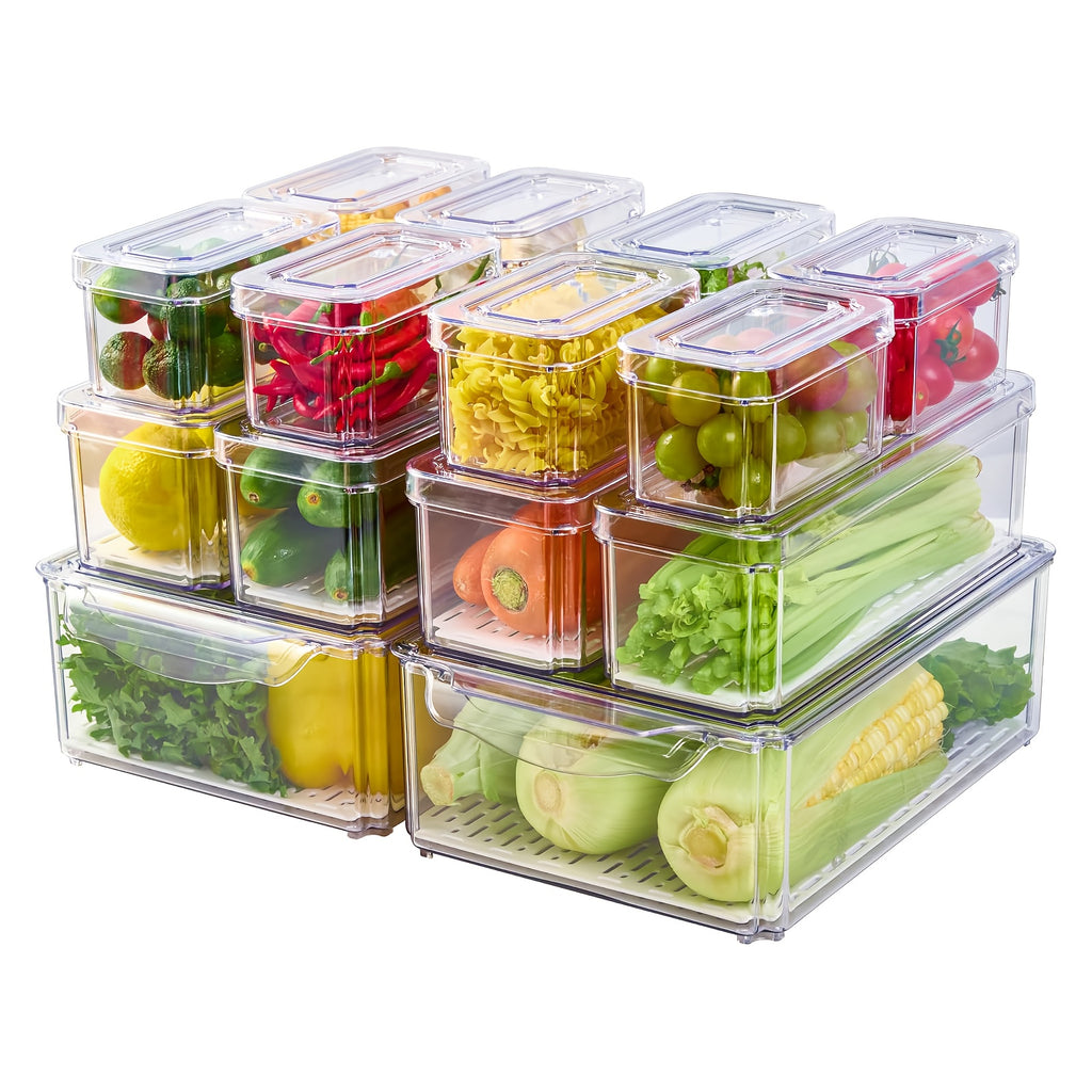 14 Pack Fridge Organizer, Stackable Refrigerator Organizer Bins with Lids, Fridge Organizers And Storage Containers for Fruit, Vegetable, Food, Drinks, Cereals, Clear