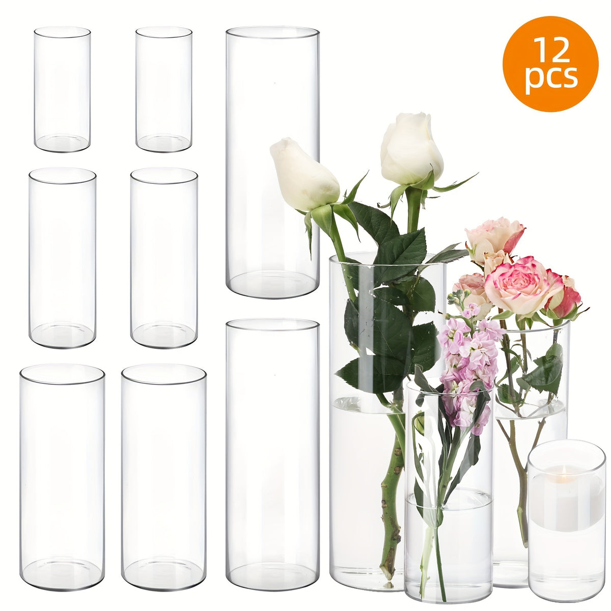 TOMNK 4/12/24/48/80pcs Clear Glass Cylinder Vases, 4, 6, 8, 10 Inch Tall Cylinder Vases for Centerpieces, Glass Flower Vase, Hurricane Floating Candle Holder Vase for Kitchen, Party, Wedding, Home Decor, for Halloween, Christmas