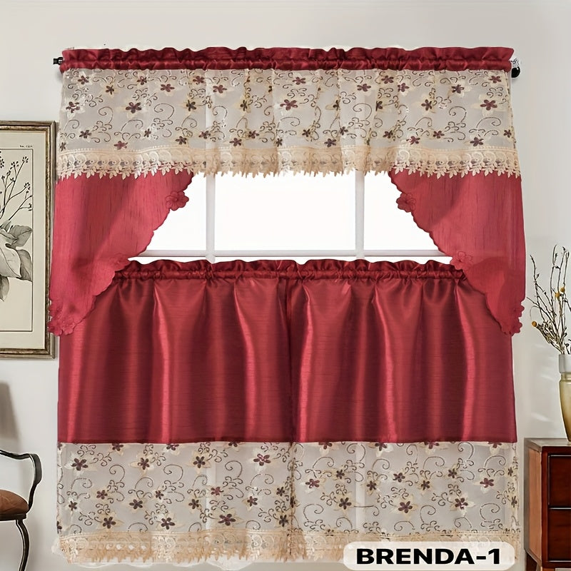 3pcs Bamboo Embroidered Kitchen Curtain Set, Floral Embroidery, Lightweight and Soft, Easy Care, Machine Washable, Satin Fabric, Embroidered
