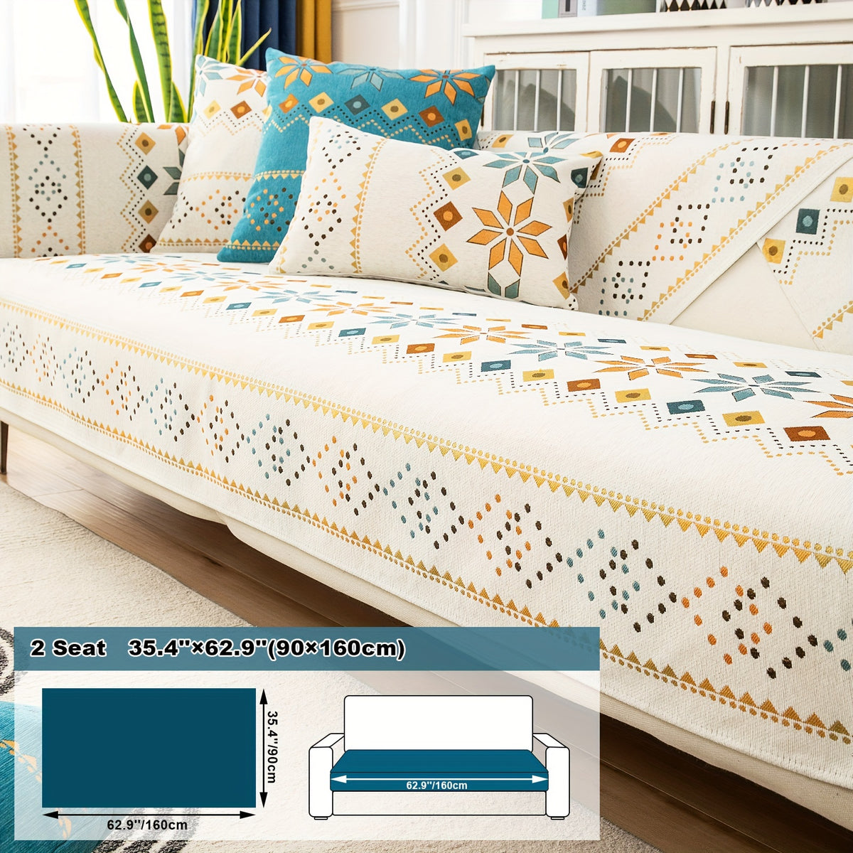 1pc Bohemian Chenille Sofa Cover Suitable for Sofa Sizes (Single to Four-Seater) - Thick Plush Non-Slip Couch Cover with Geometric Embroidery, Chenier Fabric Slipcover Fits for Sectional Sofas, Machine Washable Furniture