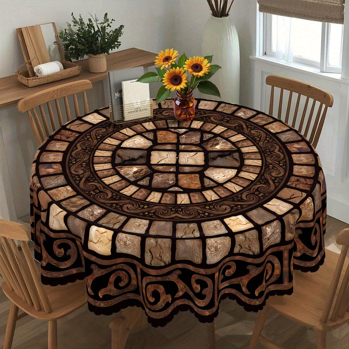Brown Floral Tablecloth, Vintage Stone-Pattern Polyester Table Cover in Round and Rectangular Sizes for Rustic Dining Room and Traditional Home Decor