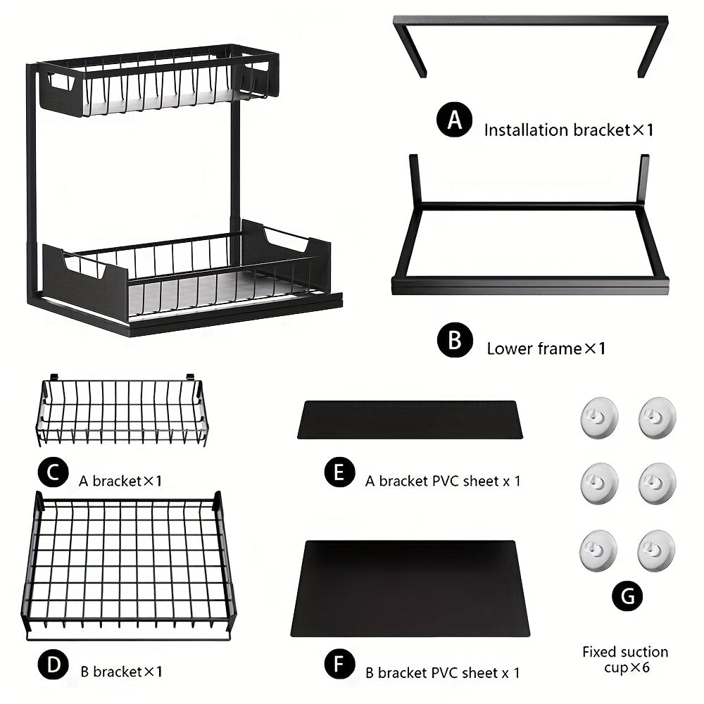 Sliding Under Sink Storage Rack, Two-Tier Metal Cabinet Organizer with Narrow Upper Basket and Pull-Out Lower Drawer in Black White or Gray, 1 or 2 Pack
