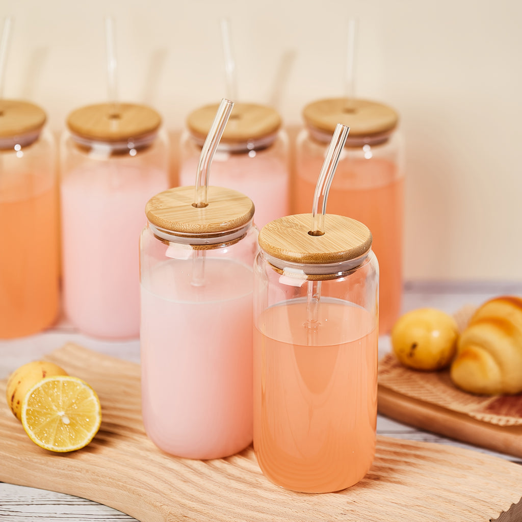 4/6pcs, 18.6oz/550ml, Including Lid, Straw, Straw Brush Glass Cup Set. The Elegant Shape Of The Drinking Cup Is An Ideal Gift, And The Can Shaped Glass Cup Is Suitable for Any Beverage And Occasion