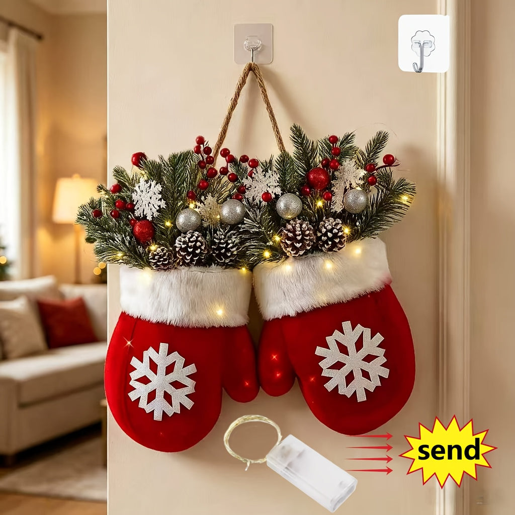 Christmas Mitten Door Wreath with 20 Flashing LEDs, Red Snowflake Gloves, Artificial Pine, Berries and Frosted Pine Cones for Holiday Wall Decor
