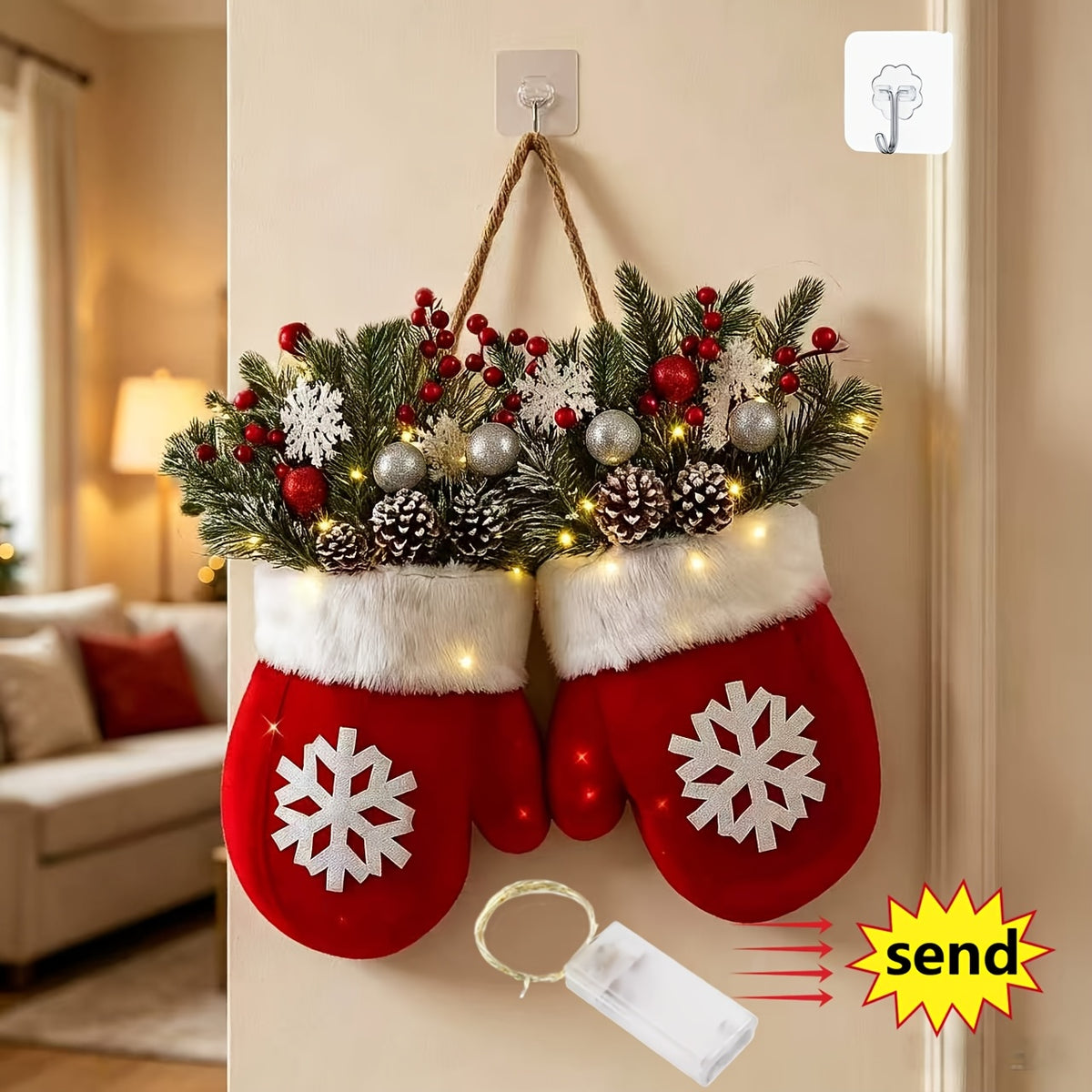 Flashing Christmas Glove Wreath With 20 LED, Christmas Wreath For Front Door With Artificial Pine Branches, Red Berries, And Frosted Pine Cones, Suitable For Indoor/Outdoor Decoration, Used For Christmas Tree, Wall Decoration