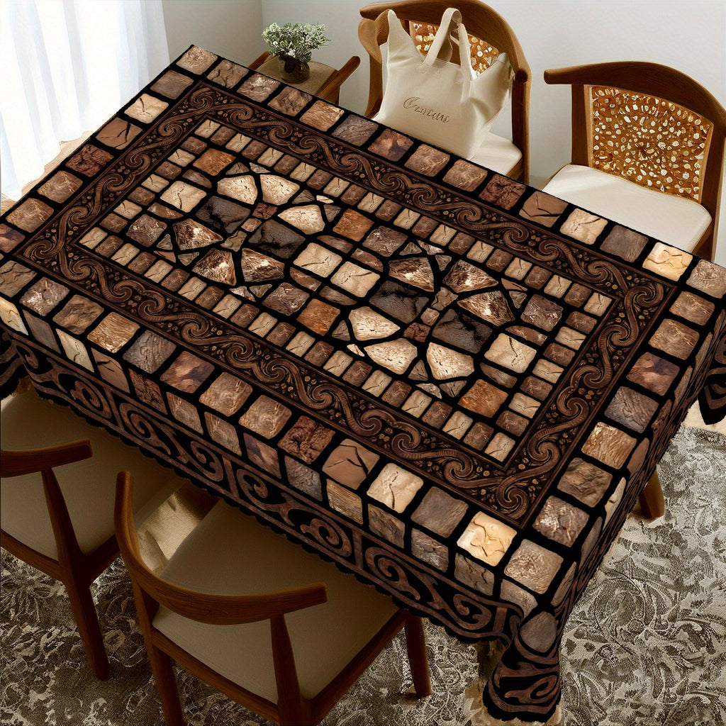 Brown Floral Tablecloth, Vintage Stone-Pattern Polyester Table Cover in Round and Rectangular Sizes for Rustic Dining Room and Traditional Home Decor