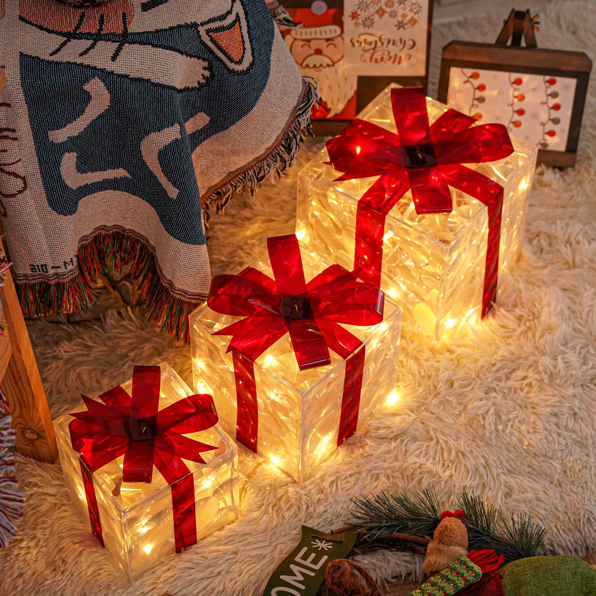 A Set Of 3 Christmas Color Boxes, USB/battery Dual Power Supply, 8 Lighting Modes, 8-hour Timer, Warm White Christmas Color Box, Gift Box with Red Bow for Christmas Tree, Home Decoration, Christmas Day Decoration, And Christmas Outdoor Decoration