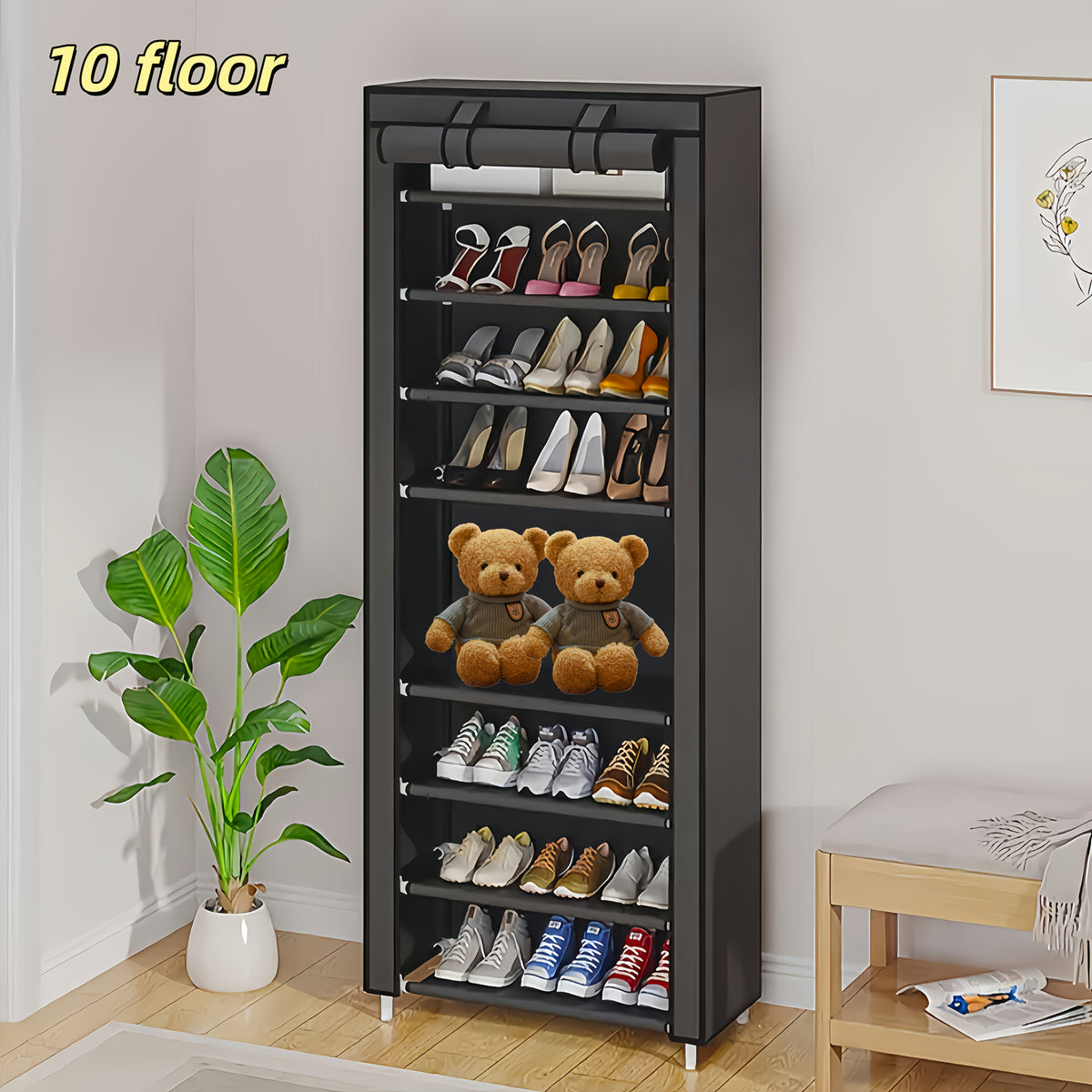 6/8/10 Layer High-Capacity Shoe Rack, with Dust Cover, Multi-Functional Storage Rack, Pipe Diameter 12Mm, Shoe Rack at The Door Saves Space, Easy to Assemble, Suitable for Household Shoe Racks And Wardrobes