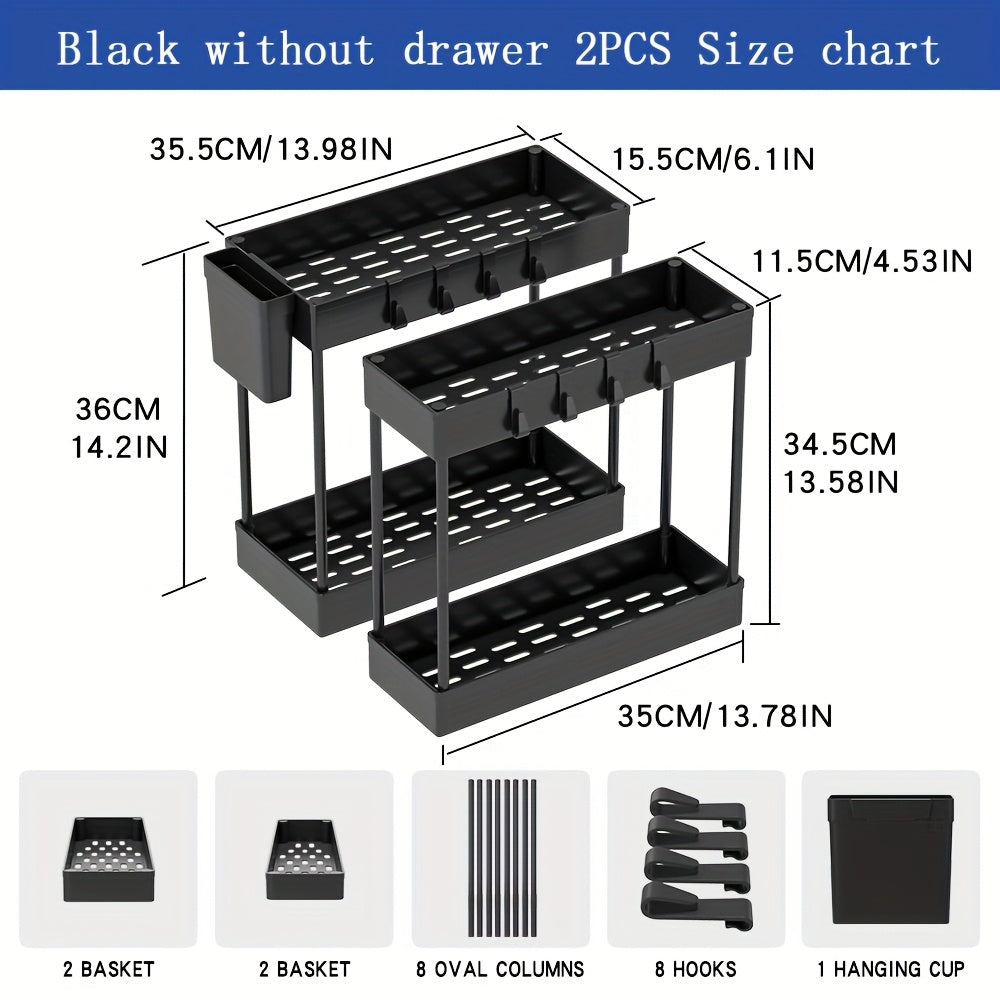 [2pcs Under Sink Organizer] Under Sink Organizer 2pcs, Under Sink Organizers And Storage, Double-tier Sliding Storage Basket, Kitchen Accessories, Kitchen Storage Solutions, Bathroom Organizers And Storage, Storage Rack with 8 Hooks.