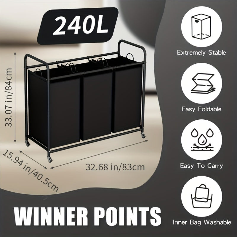 Laundry Basket 3-Bag Sorter 63.4gal Laundry Home Decor Hamper Cart with Heavy Duty Rolling Lockable Wheels And Removable Bags Included for Bedroom, Laundry Room - Sturdy Fabric Storage Bin, Laundry Baskets