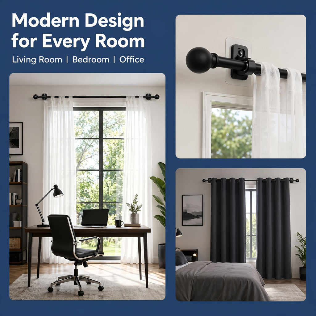 Curtain Rods No Drilling For Windows, 5/8 Inch Diameter Drapey Pole With No Drill Curtain Rod Brackets (2pcs, Black, 30 To 45")