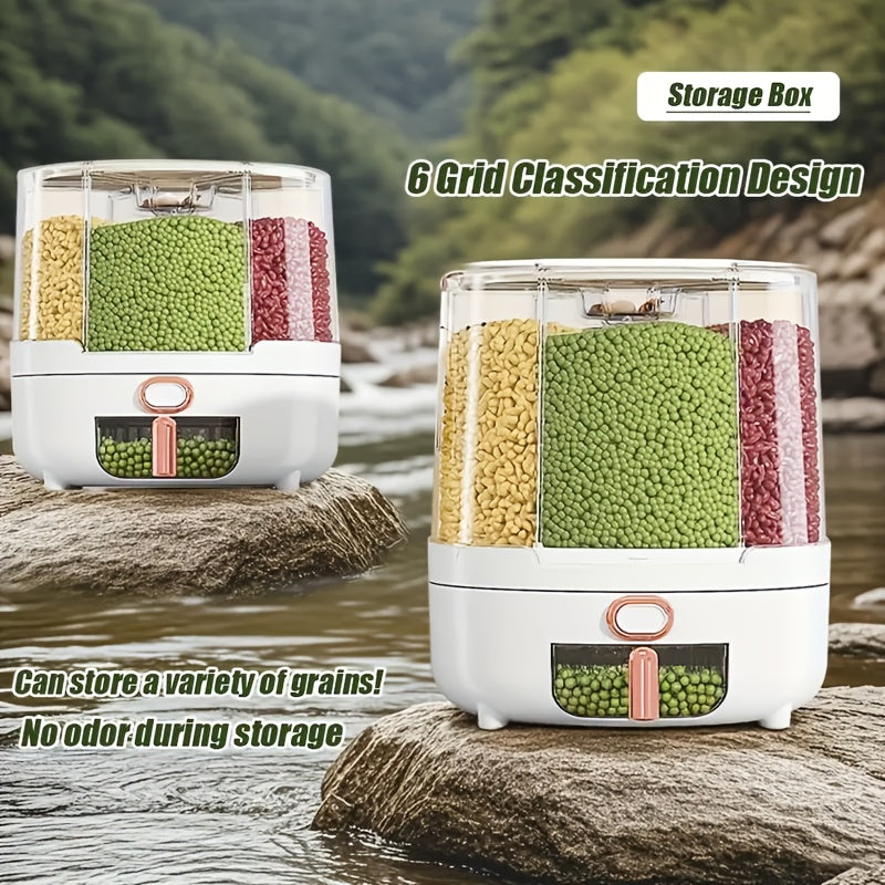 Rotating for rice Bucket | 6-Grid Cereal Dispenser, Large Capacity for rice Bucket | Airtight Dispenser with a Transparent Window, Features Moisture-Proof And Insect-Proof Design, Suitable for Rice, Cereals