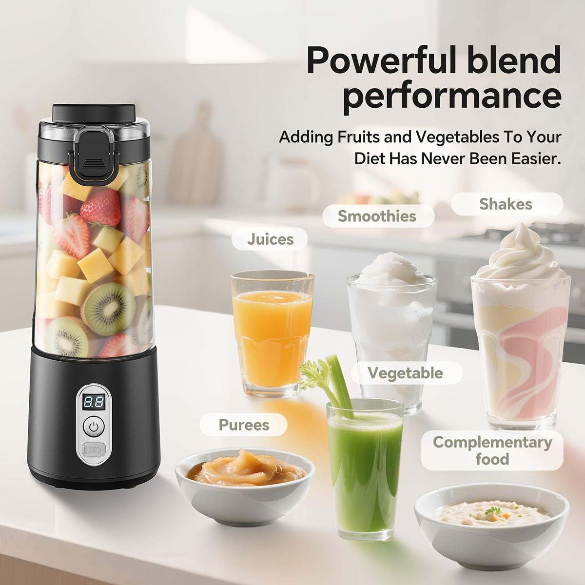 LALAYUAN USB-Powered Juicer & Juicer with Digital Timer, Battery Left Display, High-Speed Ice Crush, USB-C Fast Charge, One-Tap NO-Spill Lid, 6-Blade Stainless Steel - Smoothie Blender Portable, Protein Shakes, Gym, Travel Smoothie Maker