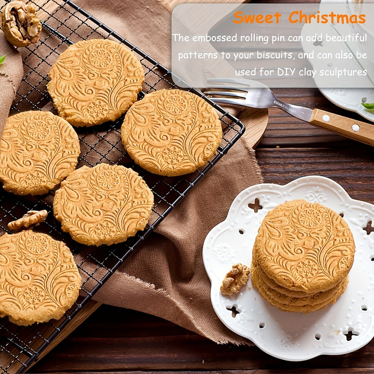 1pc Wooden Rolling Pin with Christmas Snowflake Pattern - Engraved Embossed Cookie Cutters, Ideal for Baking and Kitchen Decor, Perfect Gift for Birthdays, Holidays, and Moving, Festive Kitchen Tool|Decorative Rolling Pin|Durable Rolling Pin
