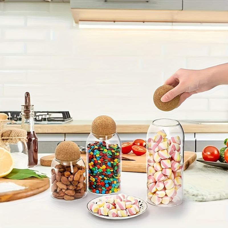 Glass Storage Jars with Ball Cork Stoppers, 3-Piece 500ml Kitchen Canister Set for Tea, Nuts, Candy and Decorative Countertop Organization