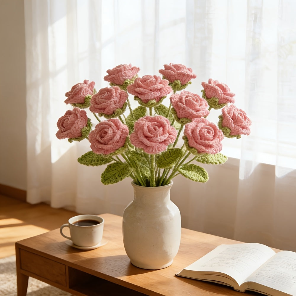 10pcs 10pcs Pack Realistic Crocheted Red Roses Bouquet - Ever-Blooming Artificial Flower Suitable for Valentine's Day, Mother's Day Gifts, Table Centerpiece Decor, Fabric Roses for Home Decoration, Wedding,, Year-Round Tabletop Arrangements