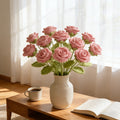 Crochet Rose Bouquet, 10-Piece Pink Artificial Flowers with Textured Petals for Home Table Centerpieces, Weddings, Valentine's Day and Mother's Day Gifts