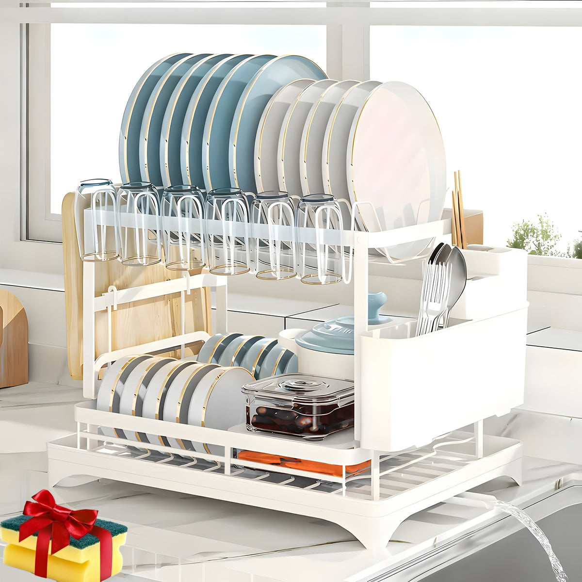 Two-Level Dish Drying Rack For Kitchen Surfaces, Kitchen Organizers And Storage, Dish Drainer With A Drainboard, Kitchen Accessories, Metal Kitchen Dish Holder With Drainage, Two-Tier Kitchen Drying Rack, Black Dish Holders