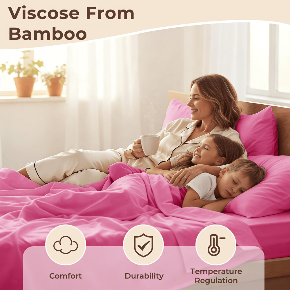4pcs Hotel Luxury Bed Sheet & Pillowcase Set - Ultra Soft Rayon Derived From Bamboo, Wrinkle Fade & Stain Resistant, 14" Deep Pocket, Easy Care Bedding for Bedroom & Kids Room Decor
