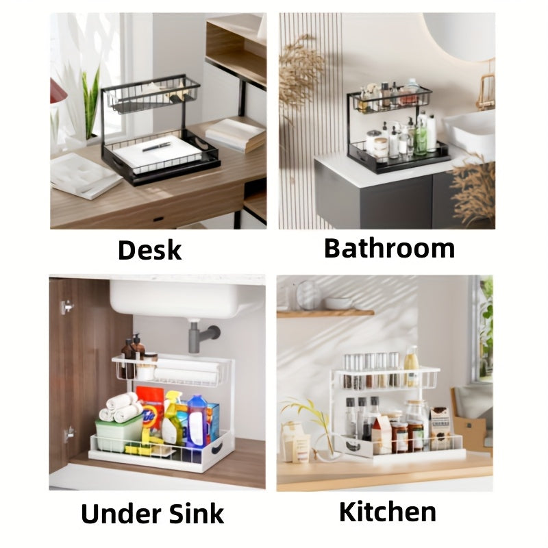 1/2pcs Kitchen Organizers And Storage, Kitchen Accessories, Utility Racks, Under Sink Organizer, Pull Out Cabinet Organizer, 2 Tier Slide Out Sink Shelf, Cabinet Storage Shelves, Under Sink Storage for Kitchen Bathroom Cabinet
