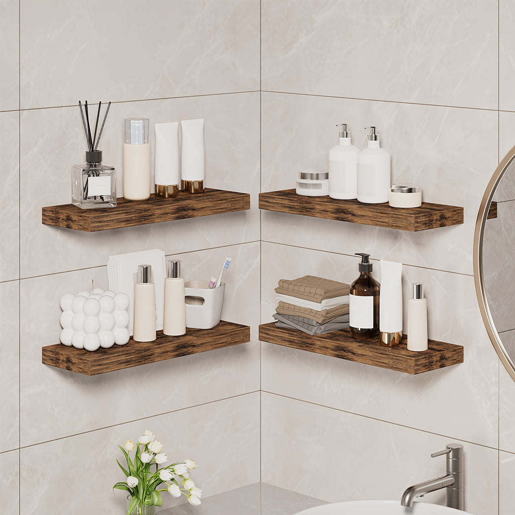 Rustic Finish Floating Shelves, 15.8 Inch Wall Display Set with Invisible Brackets in 4 or 8 Piece Options for Living Room, Bedroom and Home Decor