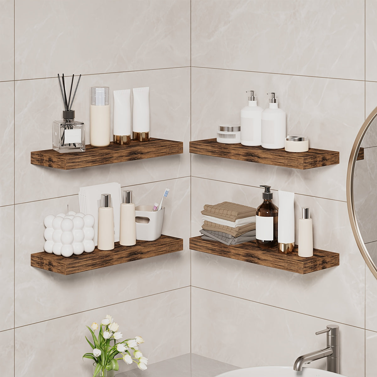 Rustic Finish Floating Shelves, 15.8 Inch Wall Display Set with Invisible Brackets in 4 or 8 Piece Options for Living Room, Bedroom and Home Decor