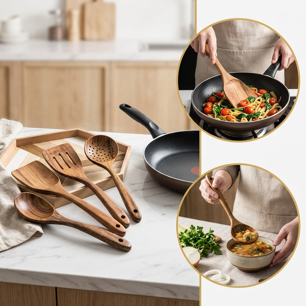 5pcs/3pcs/10pcs Premium Wooden Kitchen Utensil Set - Ergonomic Handles, Natural Wooden Spoon, Stirring Spoon, Soup Spoon Non-Stick Pan Turner, Heat-resistant & Easy to Clean, Durable Kitchen Essential Accessories, Perfect Christmas GiftChristmas Gift