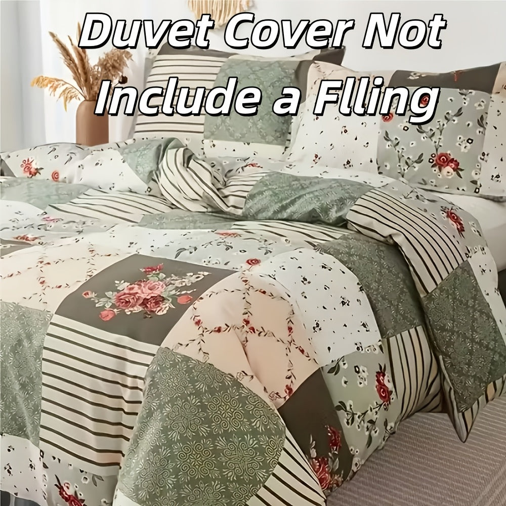 3pcs Floral Print Duvet Cover Set (1 X Duvet Cover And 2 X Pillowcases, Without Core), All-Season Lightweight Patchwork Kids Comforter Cover with Zipper, Pastoral Style Flower Plaid Patchwork Print bedding Comfortable Duvet Cover, for Kids Bedroom