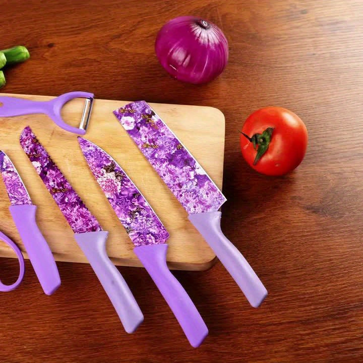 6pcs Jasmine Flower Pattern Kitchen Knife Set Colorful Printing, High Carbon Stainless Steel Blades, Ergonomic Handles, Sharp Meat Cleaver, Serrated Bread Knife, Precise Scissors, Peeler - Perfect Cooking Gifts for Women And Men, Kitchen Essentials