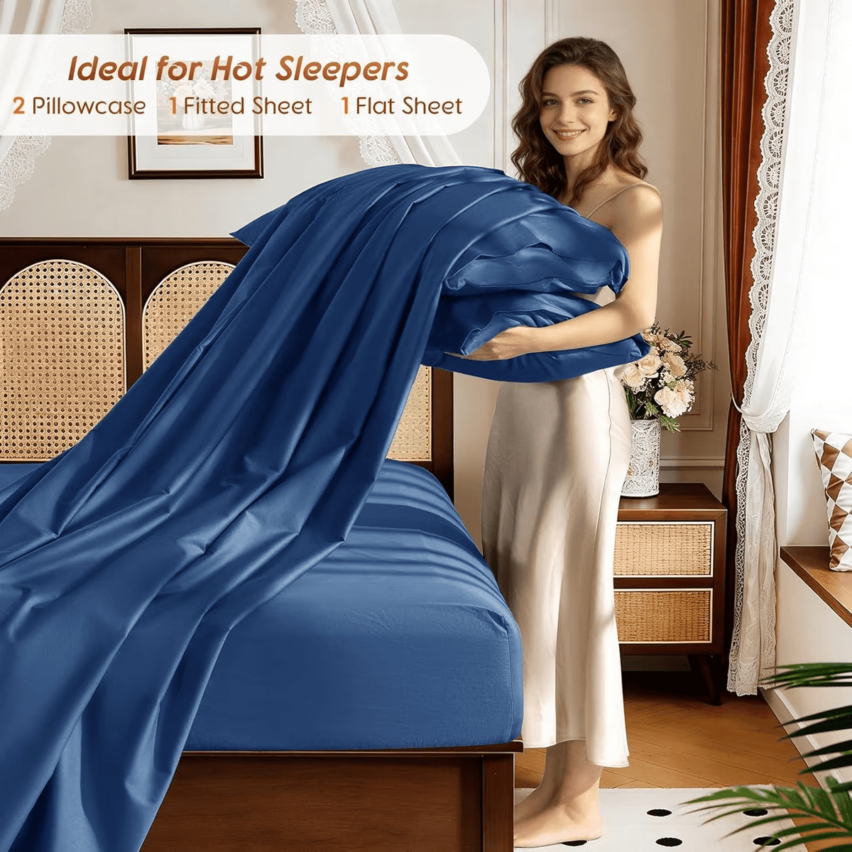 4pcs Bamboo Fiber Sheet Set, 2200 Thread Count Silver Ion Sheet Set, Suitable for Heat-Sensitive Individuals, Cool, Soft And Breathable, 16-18 Inch Deep Pocket Sheets, Suitable for Hotels, Hospitals, Schools, Dormitories, Local Warehouses