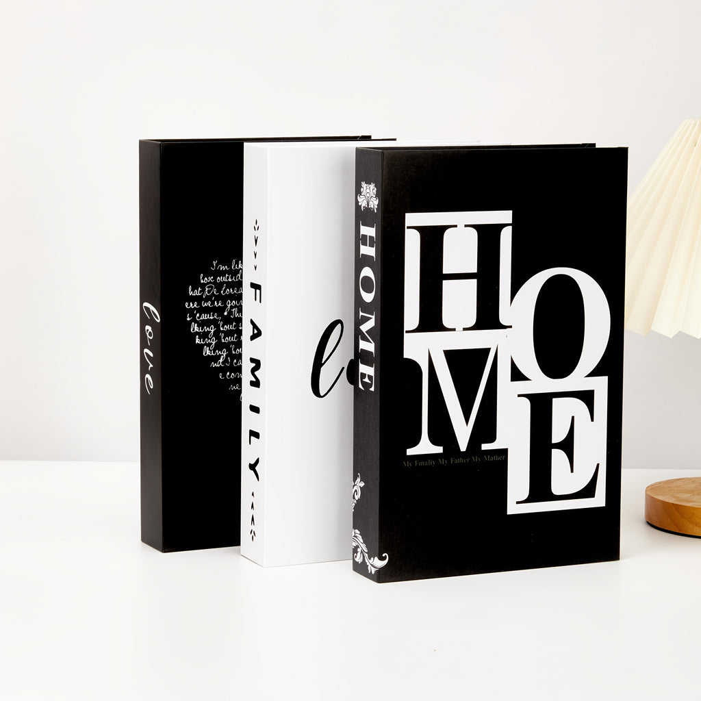 Decorative Books with HOME FAMILY LOVE Lettering, 3-Piece Black and White Faux Book Set for Coffee Table Styling, Living Room Shelves and Mantel Decor
