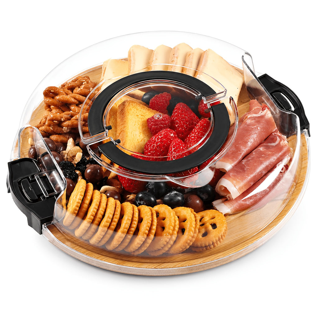 Cutting Board Charcuterie Tray with Clear Lid, 5-Compartment Bamboo Serving Board with Handle And Side Locks, Reusable Snack Platter for Cheese, Fruit, Crackers, Appetizers, Party, Picnic, Kitchen, Holiday Gathering