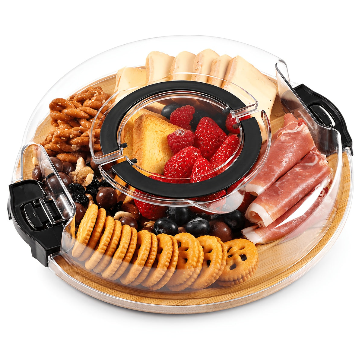 Cutting Board Charcuterie Tray with Clear Lid, 5-Compartment Bamboo Serving Board with Handle And Side Locks, Reusable Snack Platter for Cheese, Fruit, Crackers, Appetizers, Party, Picnic, Kitchen, Holiday Gathering