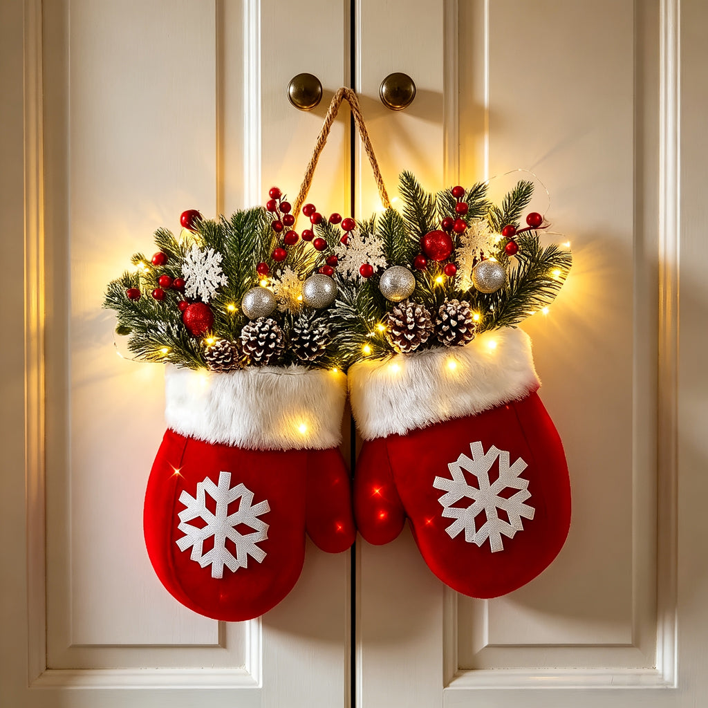 Christmas Mitten Door Wreath with 20 Flashing LEDs, Red Snowflake Gloves, Artificial Pine, Berries and Frosted Pine Cones for Holiday Wall Decor
