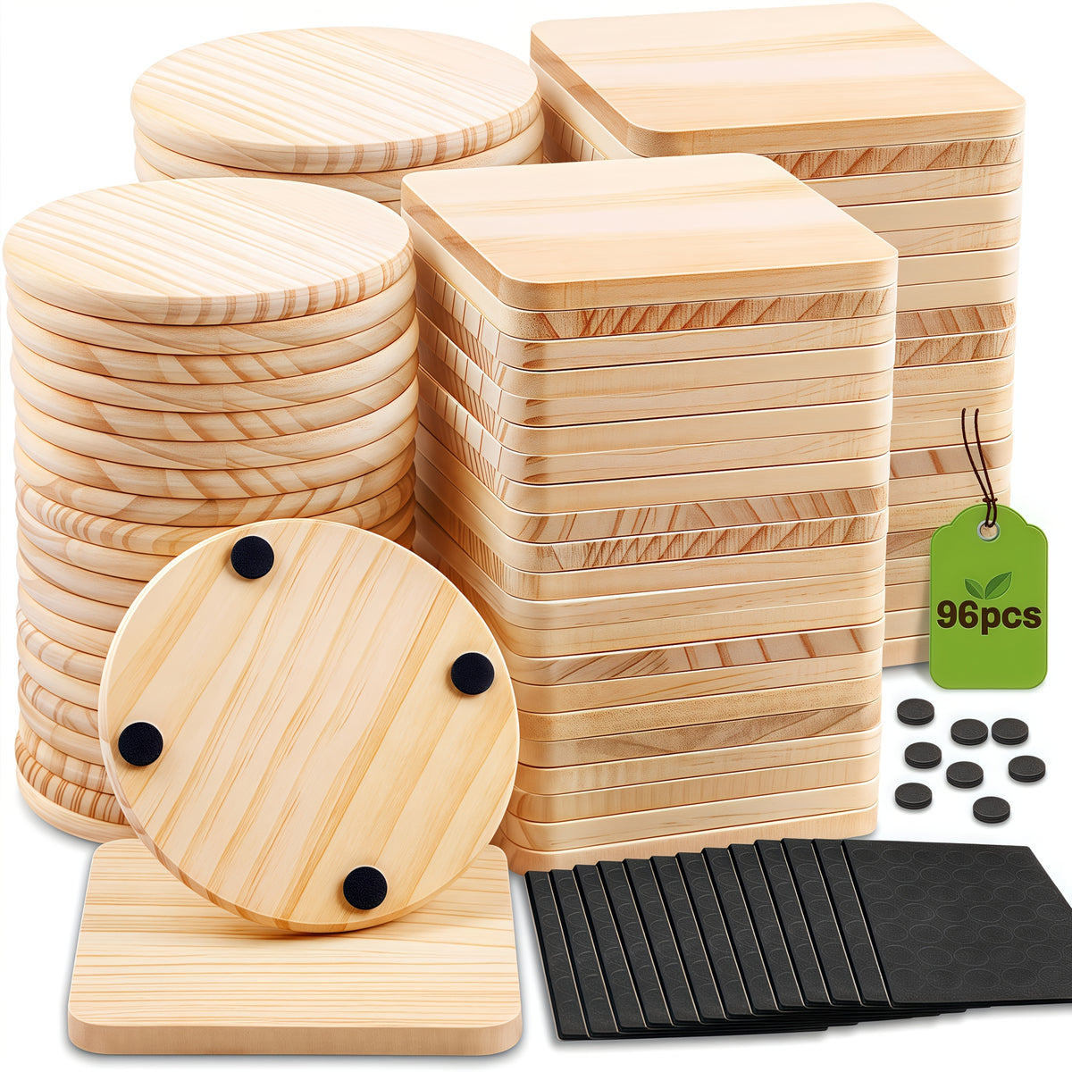 24/48/96pieces Unfinished Wood Coaster Blanks(4 Inch Square & Round) With Non-Slip Foam Stickers - Craft Supplies For Painting, Engraving, Burning & Decor - Ideal Handmade Gifts & Home Decor For Christmas Halloween Easter, Mother'S Day Craft Gift
