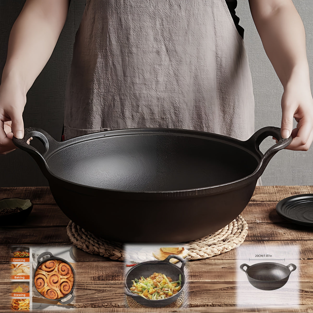 1/2pcs 20cm/7.87in Heavy-Duty Cast Iron Skillet with 2 Handles, Non-Stick, And Without Lid, Even Heat Distribution, Durable, for Home, Restaurant, Outdoor BBQ, Camping, Oven & Stovetop Use, Grilling Steaks & Baking, Versatile, Bbq Essentials
