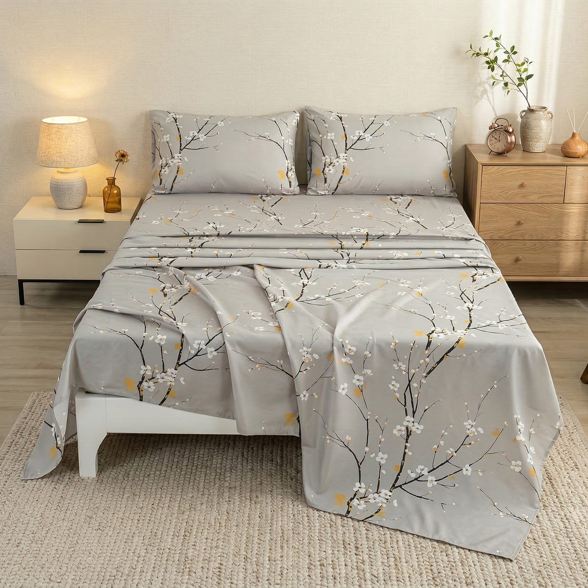 4pcs Multicolour Tree Branch Plum Blossom Sheet Protector Bed Sheet Pillowcase Four-piece Set (1 Bed Cap +1 Bed Sheet +2 Pillowcase Without Pillow Core), Deep Pocket In 15 Inch, Bedroom Dormitory High Definition Printing Room Decor