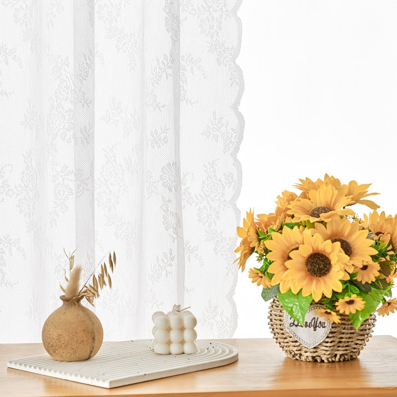 Set of Two White Lace Curtains with Floral Designs, Featuring a Bohemian Style And Semi-Transparent Fabric That Filters Sunlight. Suitable for All Seasons