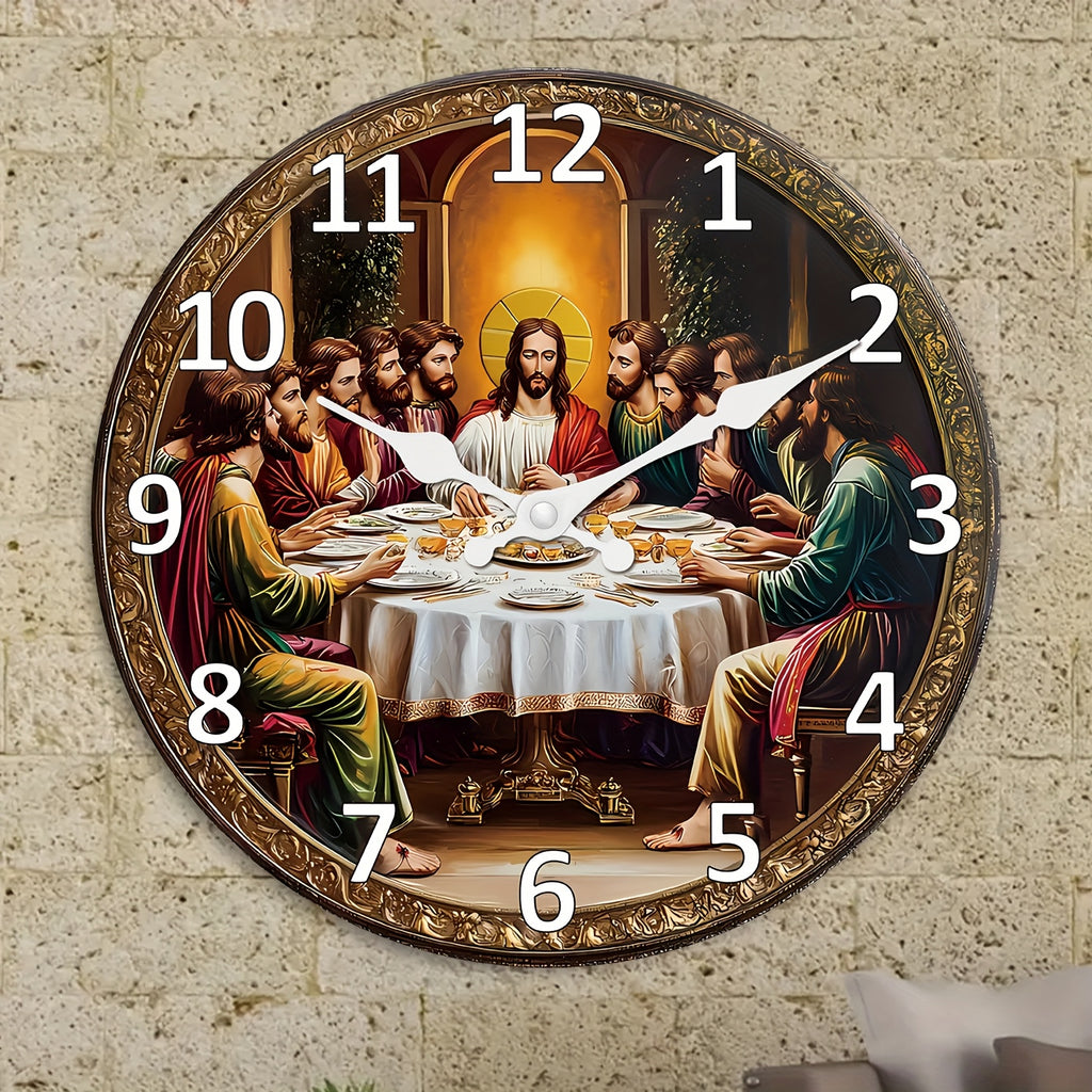 Religious Last Supper Wall Clock- Silent Non-Ticking Mute Clock& Disciples, Large Face, Golden Hands& Roman Numerals- Artificial Construction for