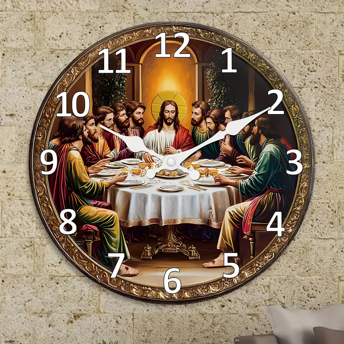Religious Last Supper Wall Clock- Silent Non-Ticking Mute Clock& Disciples, Large Face, Golden Hands& Roman Numerals- Artificial Construction for