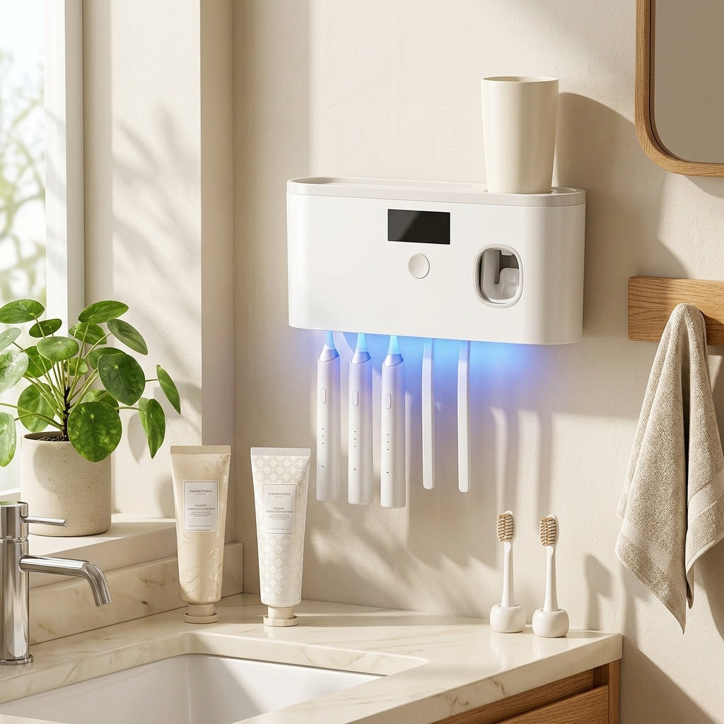 Wall-Mounted Toothbrush Holder, No-Drill Bathroom Toothpaste And Toothbrush Storage Rack - 4-Slot Design Modern Bathroom Organization And Home Decor
