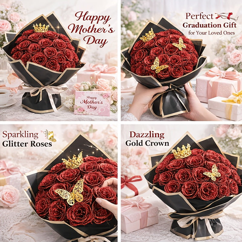 24/36pcs Glitter Roses Bouquet - Everlasting Shiny Artificial Red Roses with Sparkling Glitter Petals - DIY Fake Flower Bouquet Suitable for Valentine' Day, Mother' Day, Wedding, Anniversary, - Gifts for, Plastic Roses Bouquet