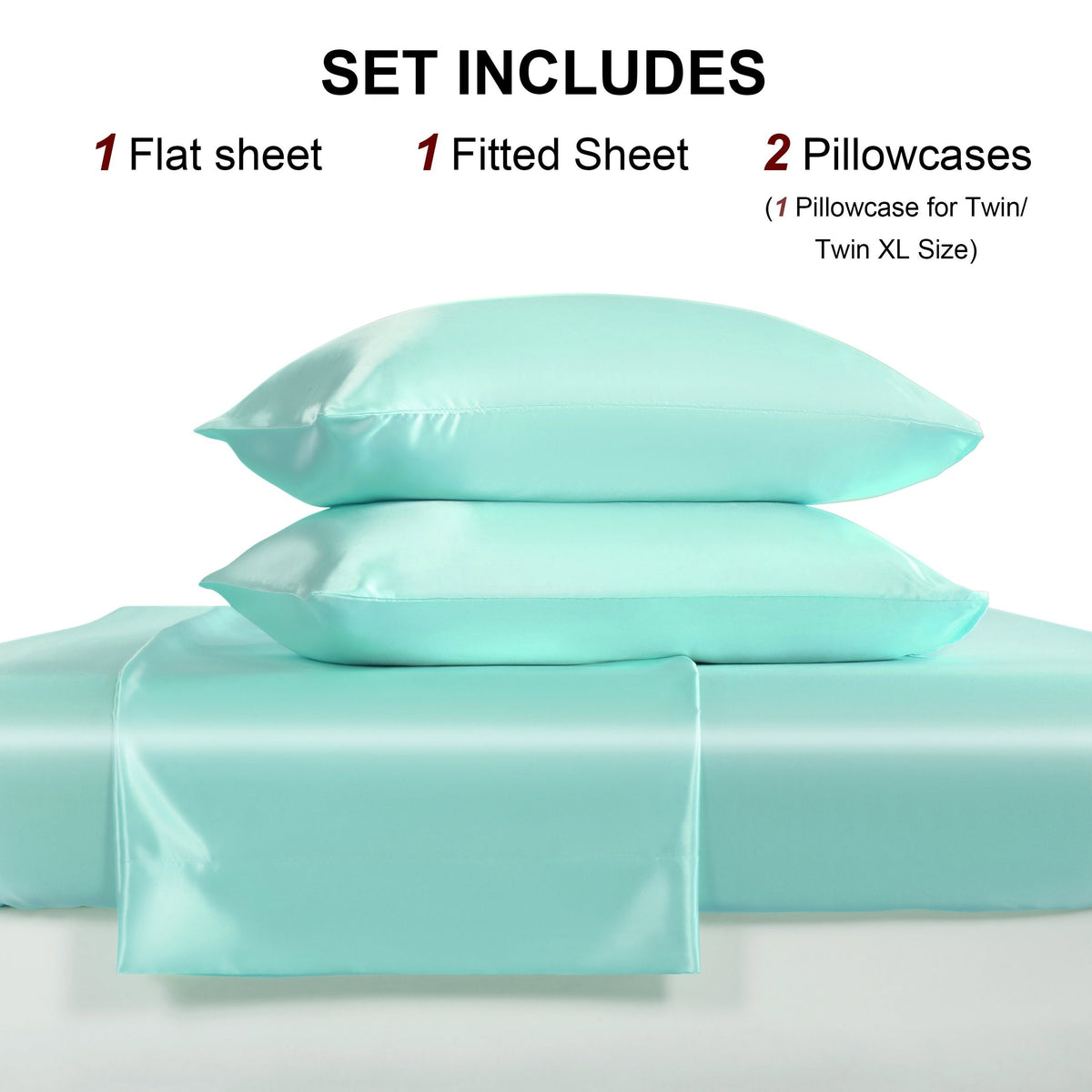 4pcs Cooling Satin Bed Sheet Set, Shrink-Resistant, Fade-Resistant, Hypoallergenic, Breathable,Flat Sheet & Fitted Sheet & Pillowcase Set with Deep Pocket, 300 Gsm