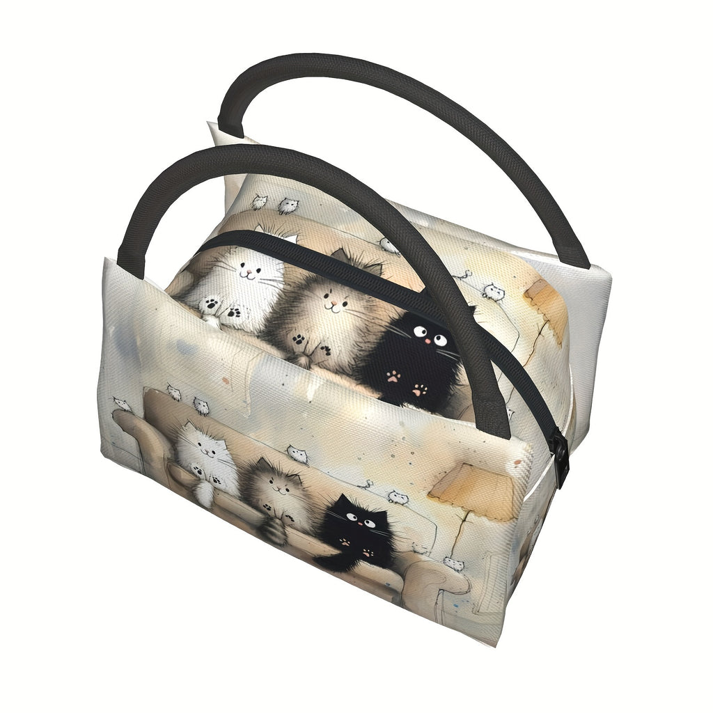 Adorable Feline Design Insulated Lunch Tote - Rectangular Polyester Bag Featuring an Animal Motif, Easy to Clean by Hand, Portable And Reusable Cooler Suitable for Picnics, Beach Outings, Hiking, Work (non-food contact)