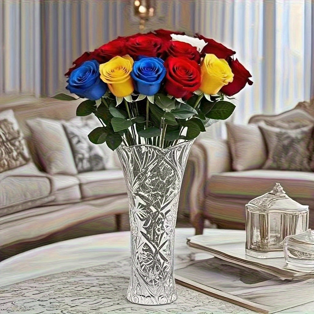 Artificial Plastic Rose Flowers, 32-Piece Mixed Color Set with 8 Red White Yellow and Blue Roses Each for Porch, Balcony, Courtyard and Indoor Decor